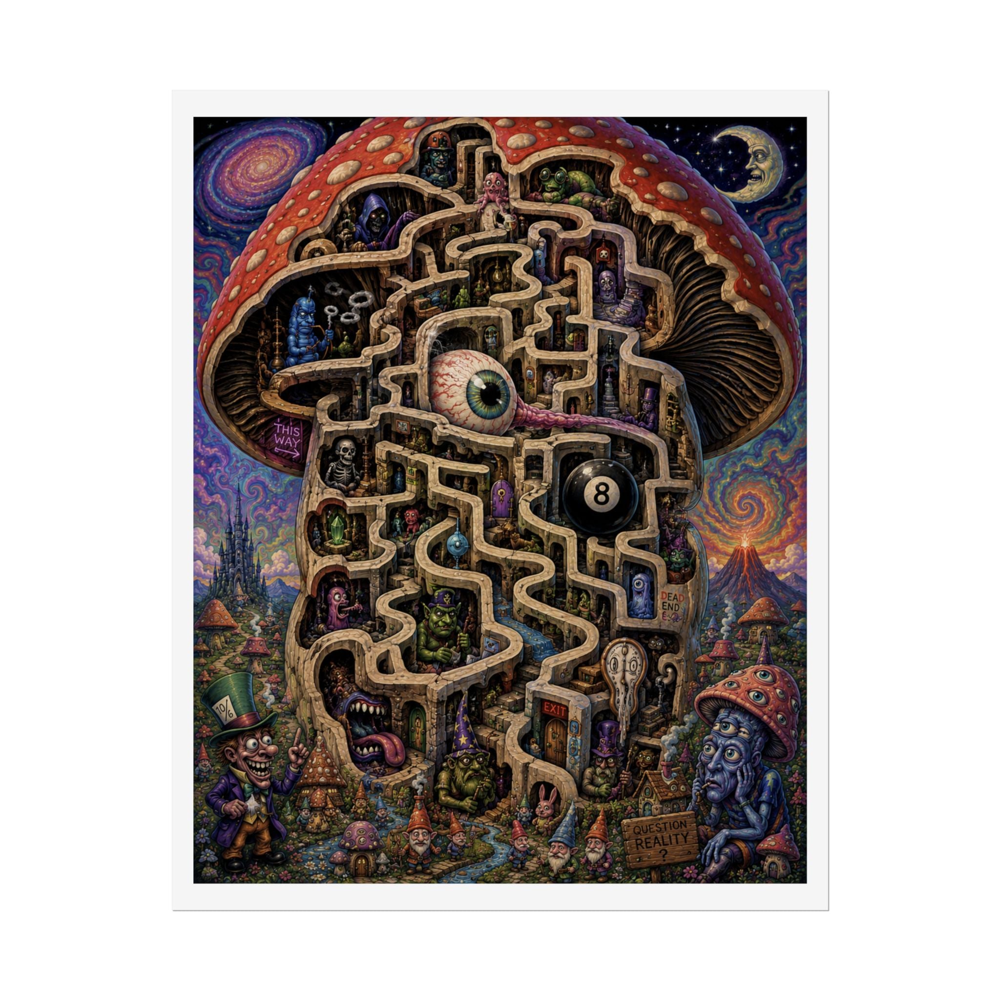 Psychedelic Mushroom Maze Poster — Surreal Fantasy Rolled Art Print