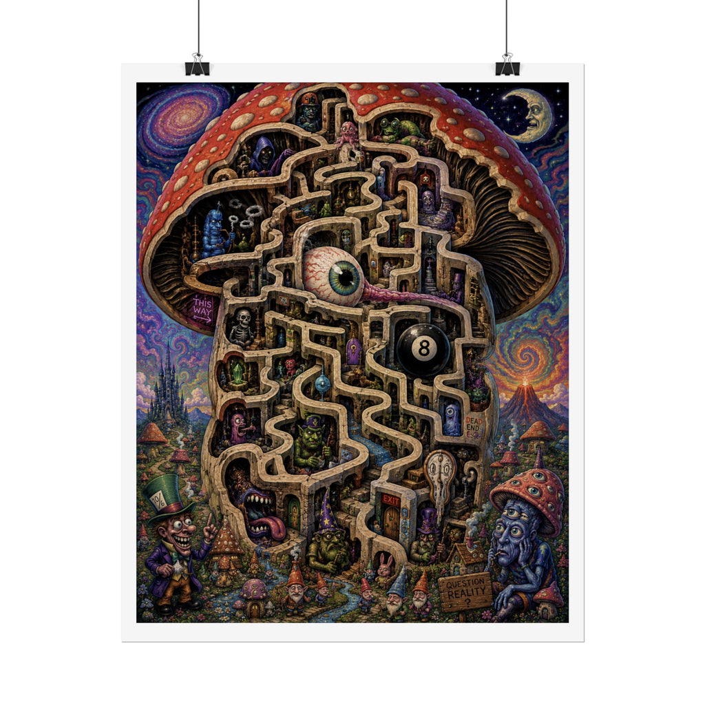 Psychedelic Mushroom Maze Poster — Surreal Fantasy Rolled Art Print