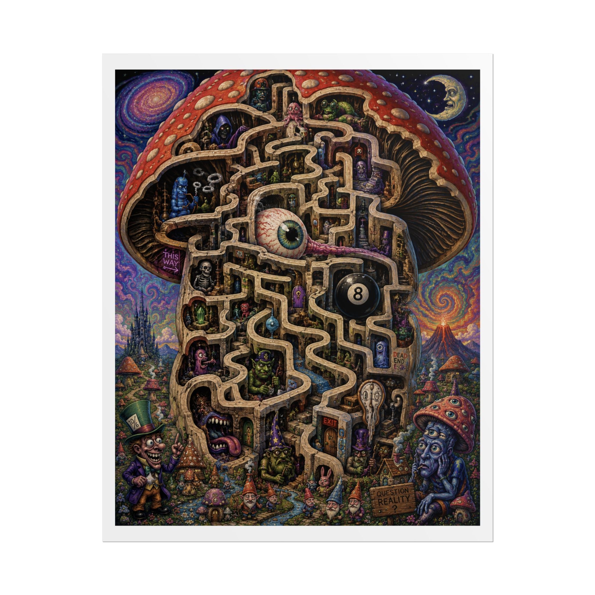Psychedelic Mushroom Maze Poster — Surreal Fantasy Rolled Art Print